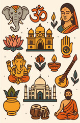 Illustration on the topic of India and Indian culture and religion of Hinduism. The vector image can be used as stickers and icons