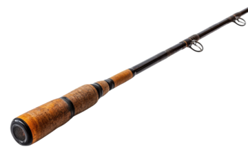 A close-up view of an elegantly crafted fishing rod showcasing its fine wood and design features isolated on transparent background