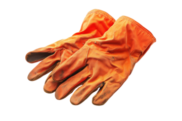 Worn orange gloves resting on a clean background after a day of hard work in the garden isolated on transparent background