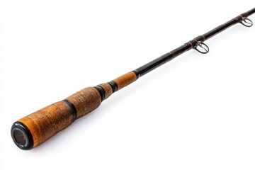 A close-up view of an elegantly crafted fishing rod showcasing its fine wood and design features isolated on transparent background