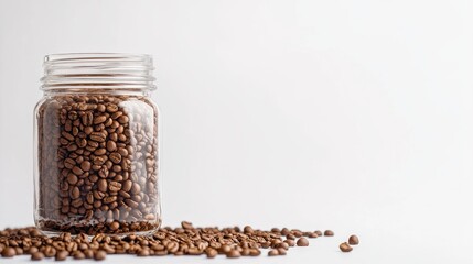 Glass jar filled with roasted coffee beans with spilled beans on a white background giving a cozy and fresh atmosphere for food-related themes or branding projects