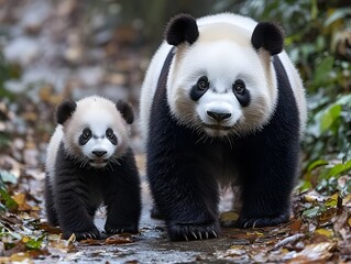 An adult giant panda and her adorable cub walk together on a forest path, showcasing their black and white fur in a tranquil natural setting.