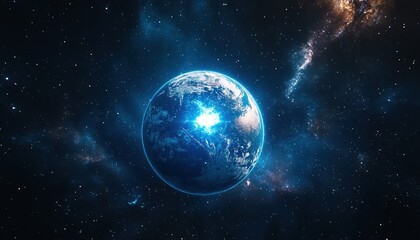 Obraz premium Glowing Blue Planet in a Dark Nebula Space Scene