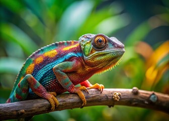 Chameleon on Branch, Reptile, Exotic Pet, Wildlife Photography, Nature Stock Photo