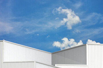 silver corrugated metal box square shape perspective view. geometric design corrugated texture line pattern abstract background against blue sky white cloud