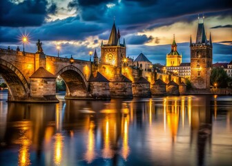 Charles Bridge Prague Night Low Light Photography - Dramatic Cityscape