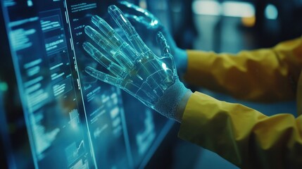 A robotic hand interacting with a digital screen display