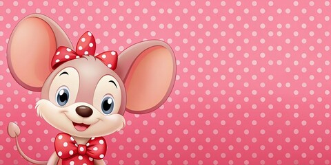 Naklejka premium Charming Cartoon Mouse Character on Pink Polka Dot Background with Copy Space
