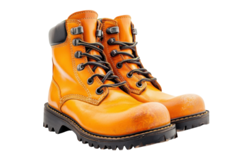 Sturdy orange work boots ready for adventure on a rugged outdoor journey this autumn isolated on transparent background