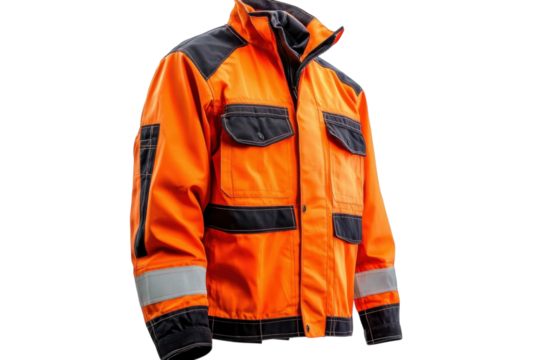 Bright orange safety jacket designed for visibility in outdoor work environments isolated on transparent background