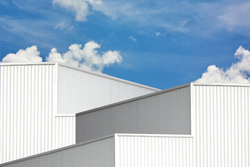 Fototapeta premium silver corrugated metal box square shape perspective view. geometric design corrugated texture line pattern abstract background against blue sky white cloud