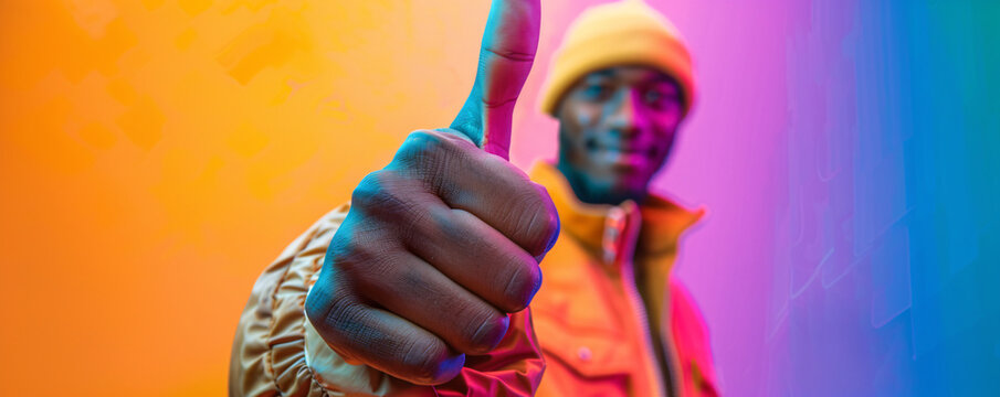 Person giving thumbs up with a vibrant neon backdrop