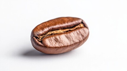 Close-up of a single roasted coffee bean showcasing rich texture and surface details, perfect for coffee related themes, advertisements, or food photography projects.