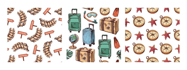 Set of seamless travel patterns with road signs, railway tracks, suitcase, diving mask, flippers and globe in hand drawn sketch vintage style