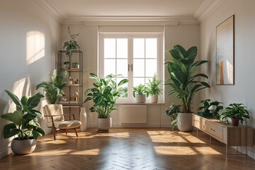 Fototapeta premium Three-Dimensional Empty Interior with Home Plant and Clean Decor
