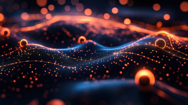 A scatter plot chart with glowing orbs and neon connecting lines on a sleek black surface