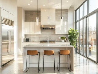 Modern Kitchen Interior Design with Large Windows and Island