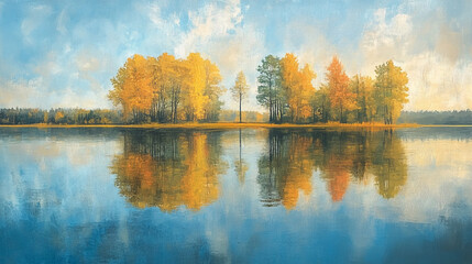 Obraz premium Autumn trees reflected in calm lake waters under a bright blue sky with scattered white clouds.