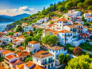 Charming Skopelos Village, Greece: Tilt-Shift Miniature Photography