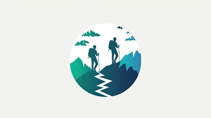 Fototapeta premium Logo design featuring mountain hikers in the background of green mountains and blue sky
