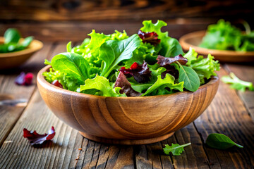 Fresh salad in wooden bowl on rustic wooden background, selective focus. AI Generative