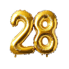 Shiny golden foil balloons shaped like the number 28, perfect for 28th birthday, anniversary celebrations, or festive decor isolated on transparent background