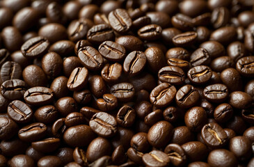 Obraz premium Roasted coffee beans in plantation. Fresh aromatic. Coffee production, agriculture, caffeine. Harvest crop.