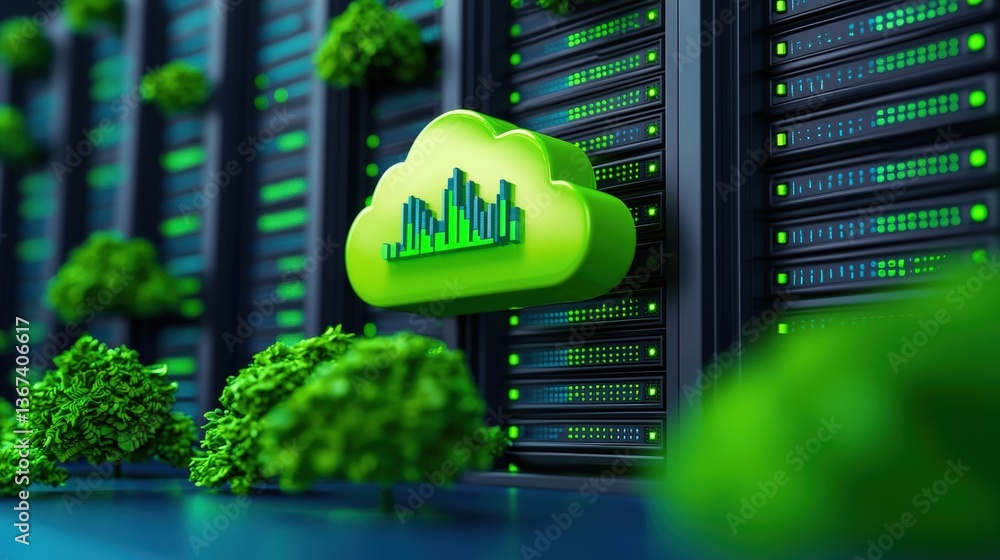 Poster a vibrant digital scene depicting a green cloud symbolizing data storage against a backdrop of serve