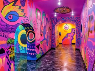 Obraz premium Psychedelic Hallway Mural with Vibrant Pink and Purple Colors