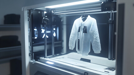 Jacket materializes inside printer showcasing advanced textile manufacturing technology innovation