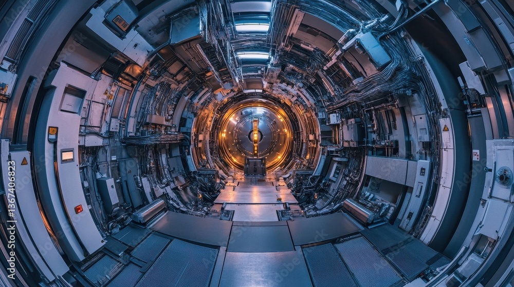Poster futuristic tunnel with metallic structures and advanced technical lighting