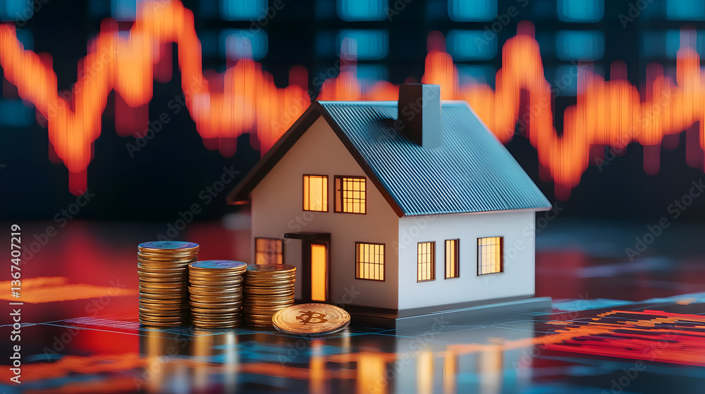 Poster a miniature house with coins beside it, set against an abstract background of rising stock market gr