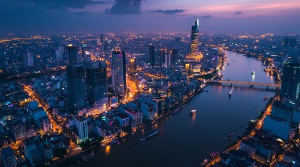 Obraz premium Nighttime aerial view of ho chi minh city skyline vietnam cityscape photography urban landscape panoramic perspective