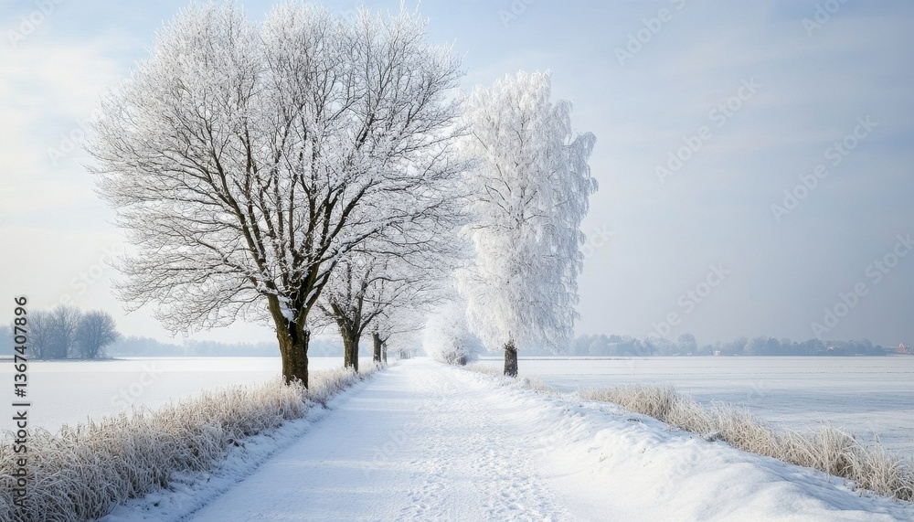 Poster snowy path through a frosty winter field