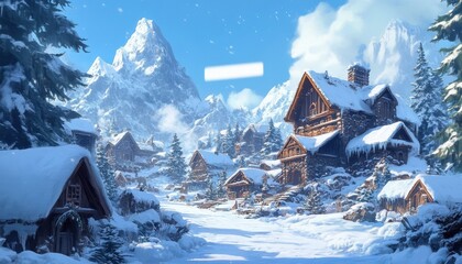Snowy Mountain Village Winter Landscape