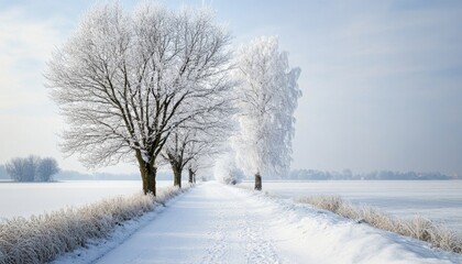 Obraz premium Snowy Path Through a Frosty Winter Field