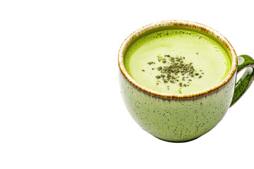 A beautifully crafted green tea latte in a ceramic cup on a minimalist white background isolated on transparent background