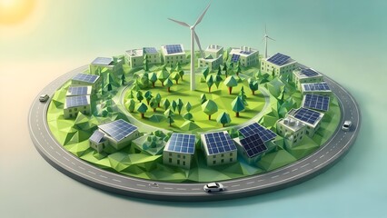Eco Friendly Suburban Community A Sustainable Future with Solar Panels and Wind Turbines Low Emission Vehicles Travel a Green Circular Roadway