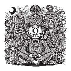 Detailed black and white doodle of a smiling deity surrounded by mythical creatures.