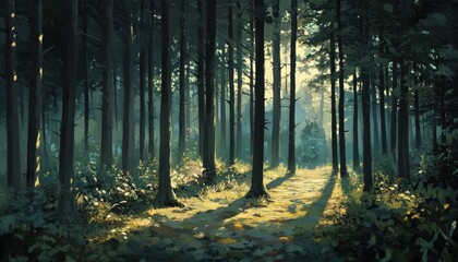 Obraz premium Sunlit Forest Path: Morning Light Illuminates a Dark Green Woodland