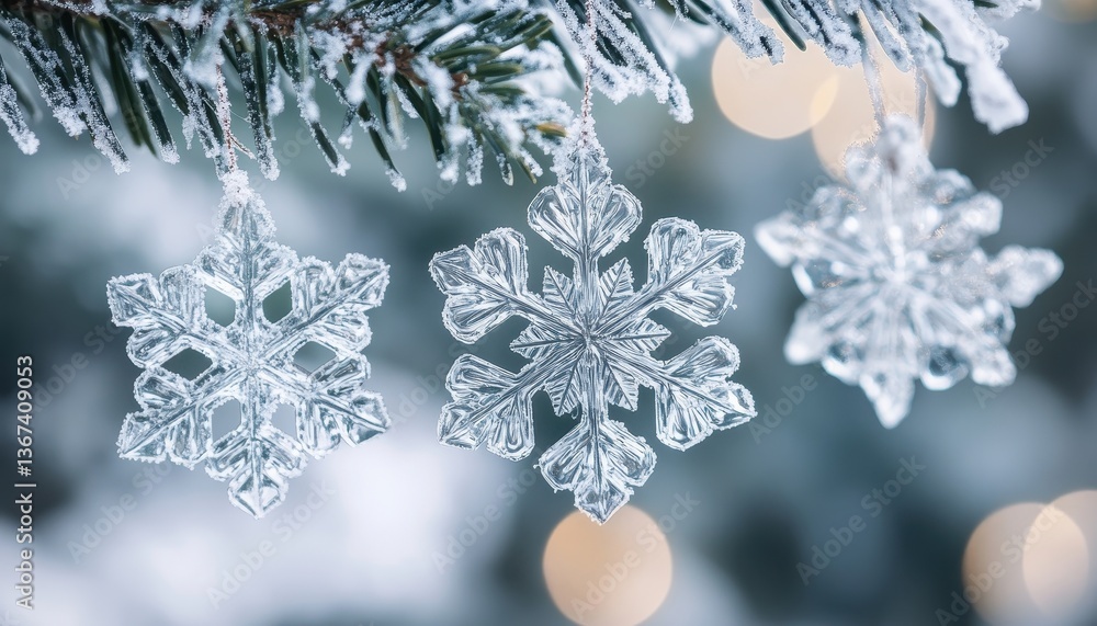 Poster three delicate ice snowflake ornaments hanging on a frosty pine branch