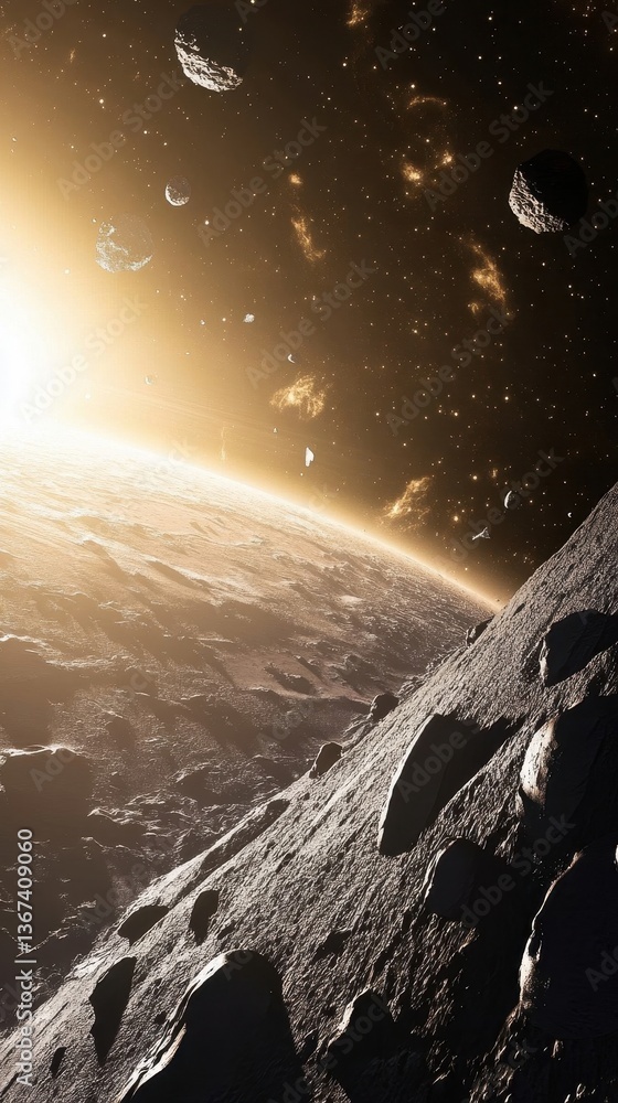 Poster a dramatic view of a planet from space with asteroids