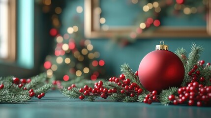 red paper card christmas green felt sheet texture geometric background with blank space 3d render