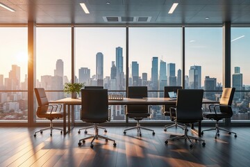 Faint Daylight Office Space in the Morning: Trendy Workspace with Metropolitan Skyline for Corporate Presentations
