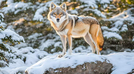 Fototapeta premium Dominant alpha wolf standing on a snowy ledge in the heart of a winter forest, its eyes reflecting the mystery of the wild.