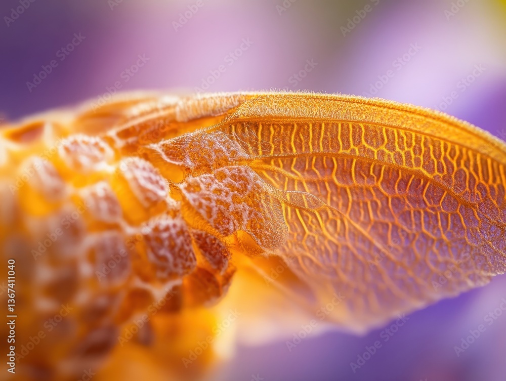 Poster close up of an insect wing with intricate orange and yellow pattern against purple background