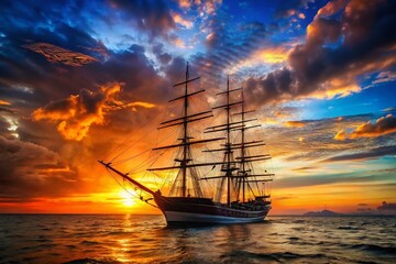 Fototapeta premium Clipper Ship Silhouette at Sunset, Nautical Logo Design Inspiration