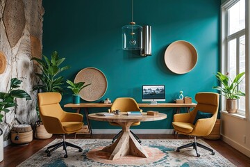 Stylish Teal Wall in Modern Workspace Design with Inviting Furniture and Textures