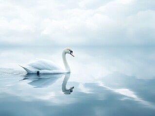 Obraz premium Graceful White Swan on Calm Blue Water with Cloud Reflections