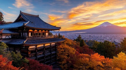 Sunset serenity traditional japanese temple overlooking mount fuji autumn landscape stunning view tranquil beauty